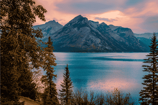 Sunset view over Lake Minnewanka in Banff National Park, Canadian Rockies, Alberta, Canada