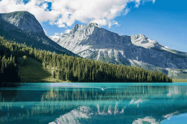 Turquoise waters of Emerald Lake with mountain reflections in Yoho National Park, British Columbia