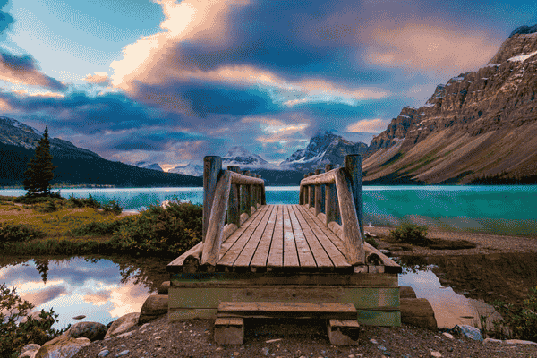 Wooden bridge overlooking Bow Lake in Banff National Park, Canadian Rockies, Alberta