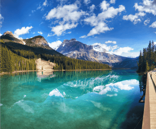 Turquoise waters of Emerald Lake with mountain reflections in Yoho National Park, British Columbia