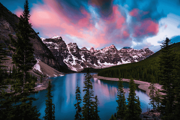 Sunrise at Moraine Lake with vibrant pink and blue skies, reflecting on turquoise waters, surrounded by snow-capped peaks and pine trees. Summer Tours with Into The Wild
