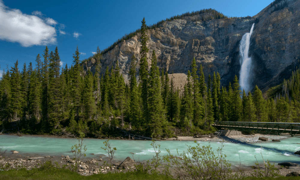 Takakkaw Falls cascading down a rocky cliff in Yoho National Park, surrounded by pine forest and turquoise river in the Canadian Rockies
