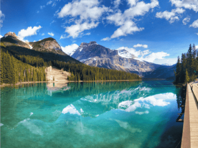 Turquoise waters of Emerald Lake with mountain reflections in Yoho National Park, British Columbia